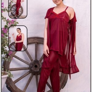 Premium 3-Piece Bridal Nightwear Set – Soft Jersey See-Through Gown, Inner Camisole, & Matching Trousers