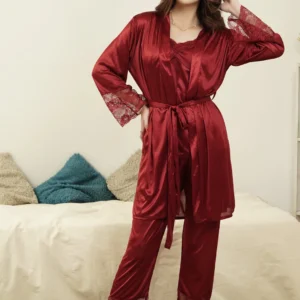 Exclusive 5-Piece Bridal Silk Sleepwear Set with Lace & Slit Gown