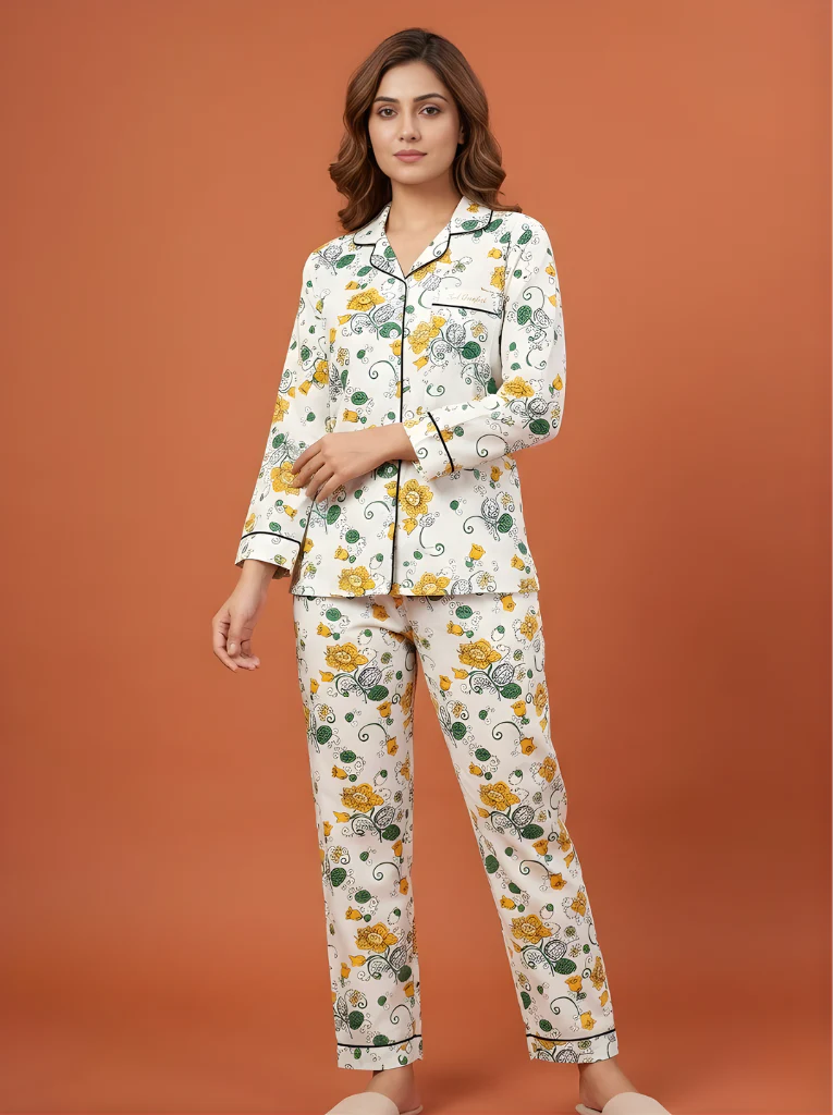 Summer Meadow Floral Pajama Set - Cream, Gold & Emerald Loungewear