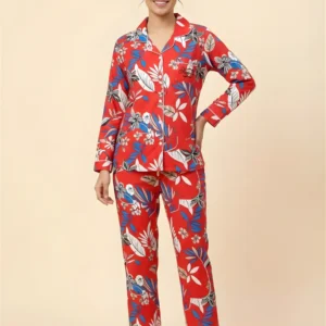 Exotic Botanical Notched Collar Pajamas - Bright Red Tropical Print