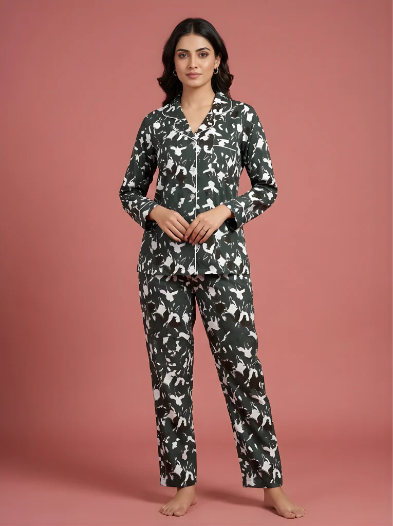Midnight Abstract Flight Pajama Set - 2-Piece Charcoal & Ivory