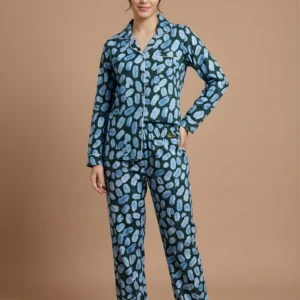 Midnight Blue Leaf Print Women’s Cotton Pajama Set - 2-Piece Button-Down Sleepwear