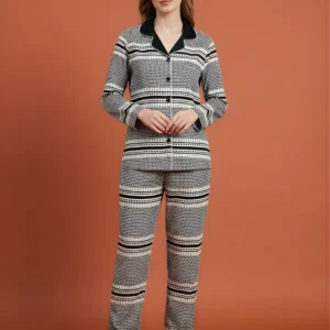 Monochrome Geometric Print Women's Pajama Set - Black and White Notch Collar 2-Piece Loungewear