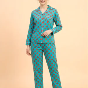 Vibrant Teal & Orange Polka Dot Pajama Set - Women's 2-Piece Cotton Loungewear with Notch Collar