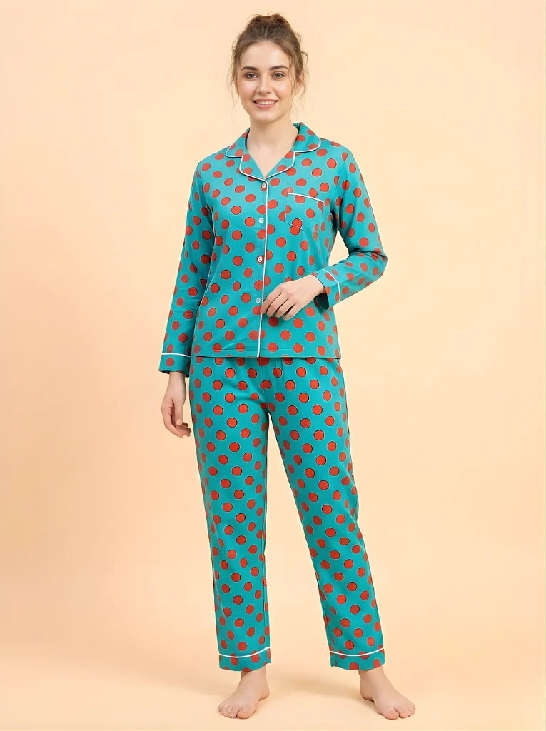 Vibrant Teal & Orange Polka Dot Pajama Set - Women's 2-Piece Cotton Loungewear with Notch Collar