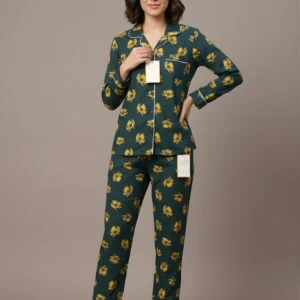 Midnight Forest Satin-Soft Pajama Set with Golden Bloom Print