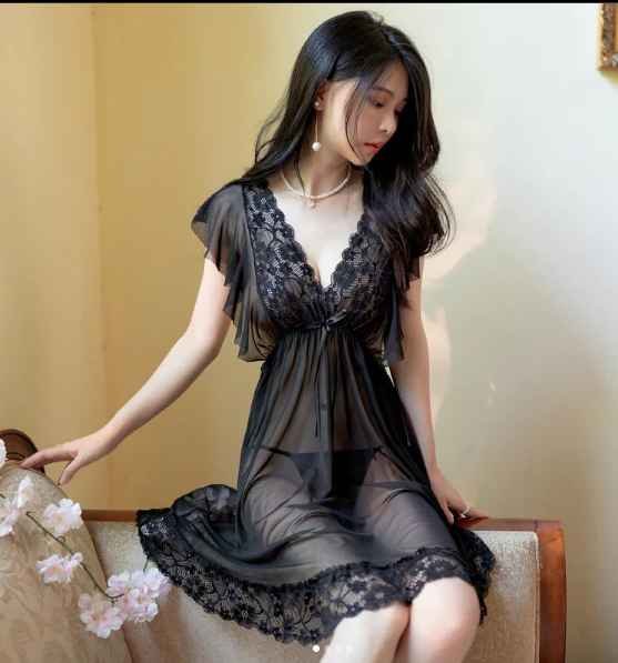 Sensual Black Lace Sheer Nighty for Women - Image 3